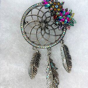 New Silver Tone Vintage Style Dream Catcher Pin with Colorful Crystals